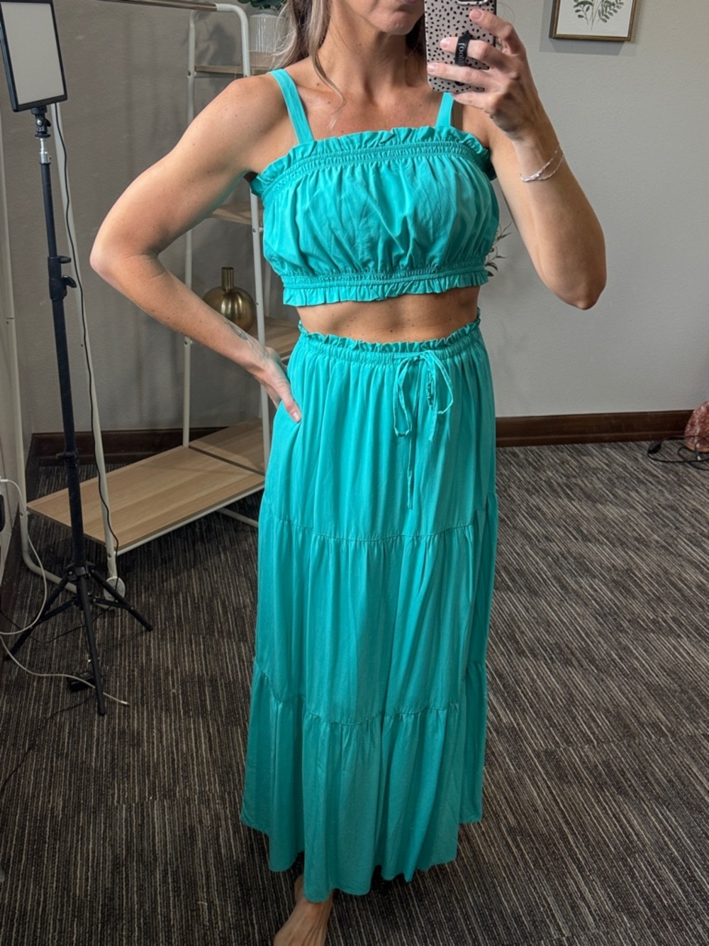 Two Piece Set: Turquoise Tiered Maxi Skirt - Crop Top